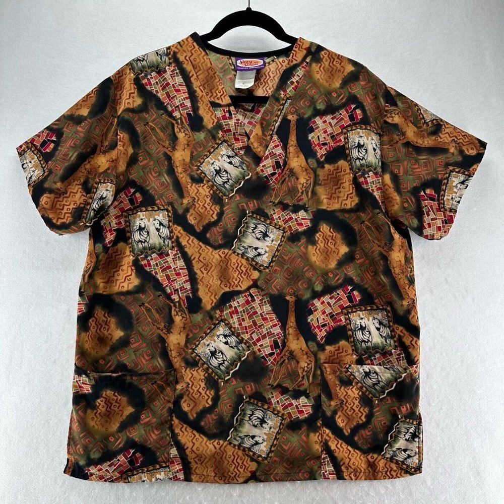 Silky Scrubs Shirt Mens Size M Southwestern Zebra Print Medical Uniform Brown